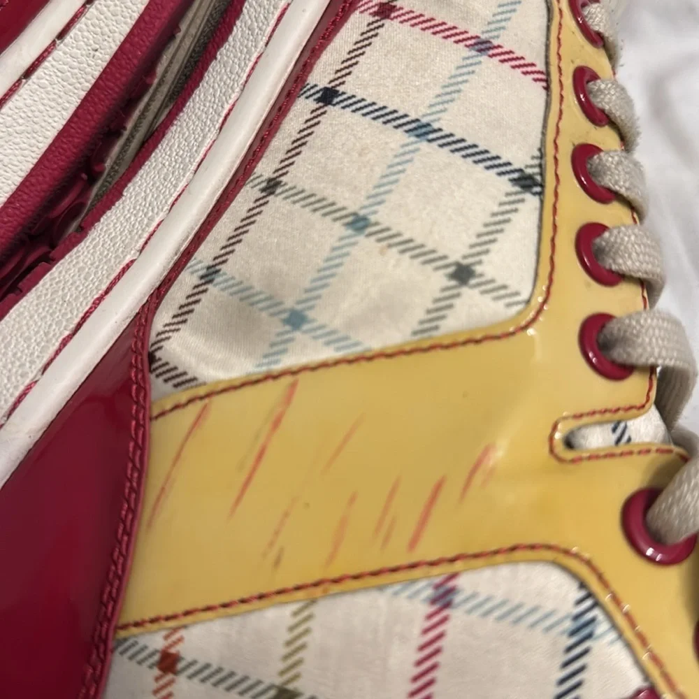 Coach Nora Tattersall 7.5 Pink Raspberry and Yellow Plaid Vegan Leather High Top